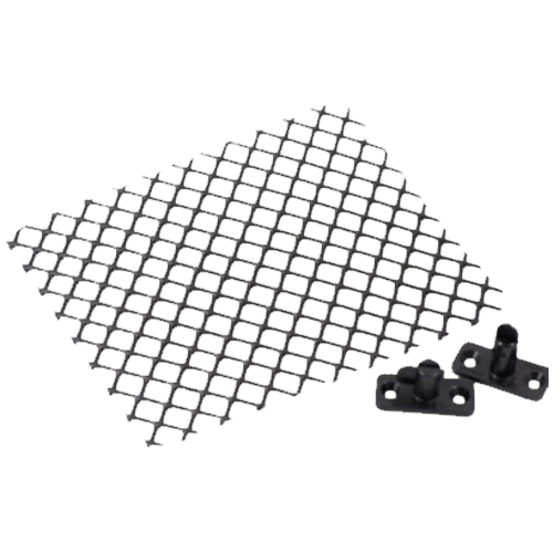 Black HailStop air intake mesh with two twist-lock mounting clips for HVAC protection