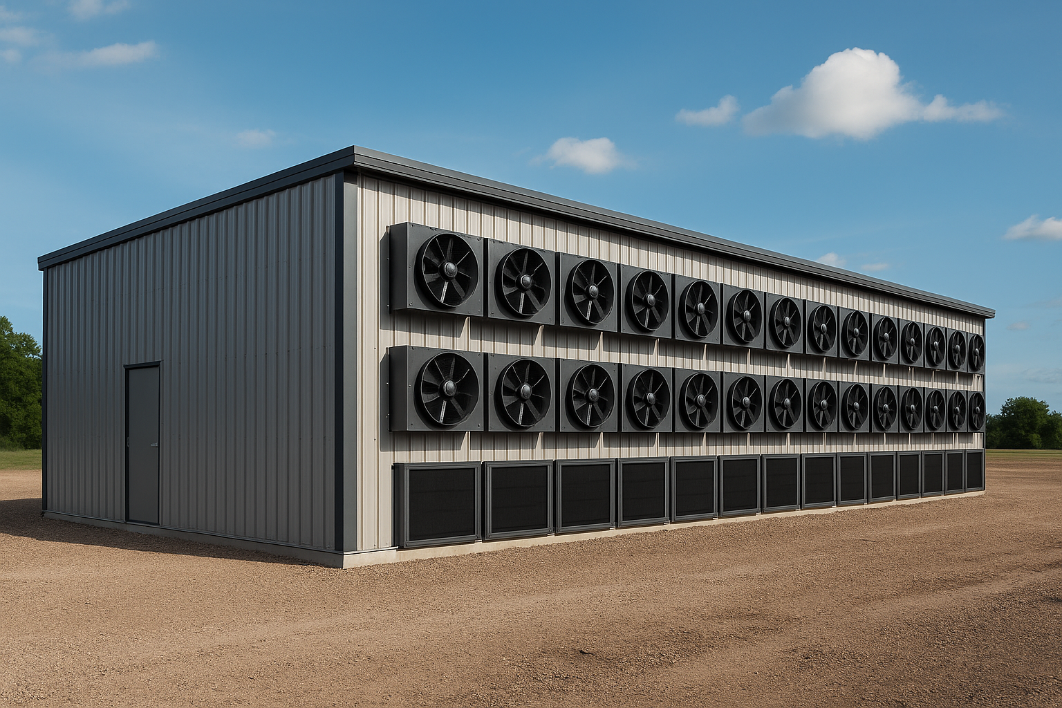 Exterior view of a single-story crypto mining building with multiple industrial ventilation fans