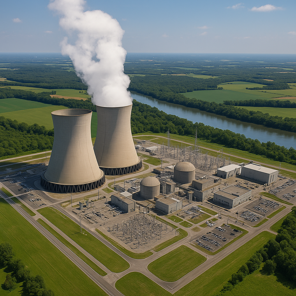Aerial view of a nuclear power plant with two large cooling towers emitting steam, surrounded by green fields and a river