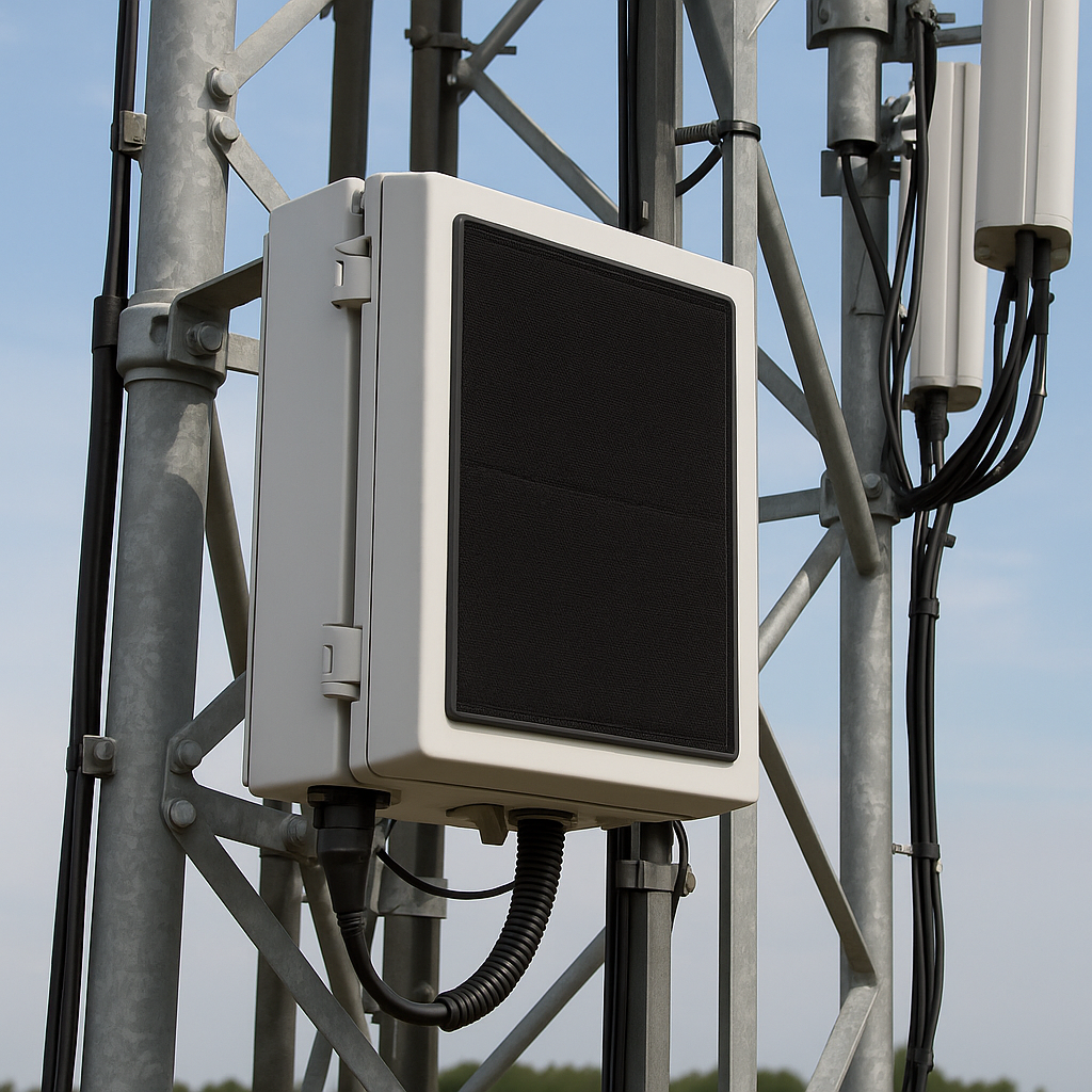 Close-up of an outdoor electrical enclosure mounted on a telecommunications tower with protective air filter